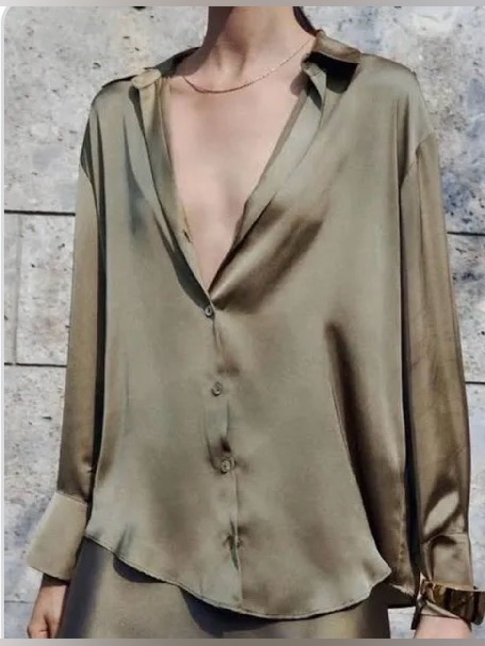 ZARA Olive Satin Button-Down Shirt